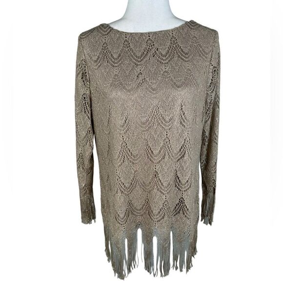 Chico’s Gold Metallic Scalloped Fringe Trim Dressy Top - Picture 5 of 11